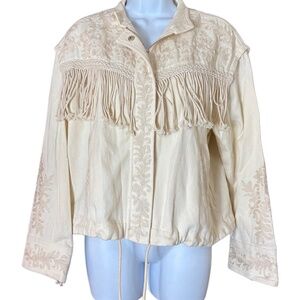 Zara Woman Ivory Jean Jacket, with Fringe, Embroidered Zips & Snaps, Boho, S, M